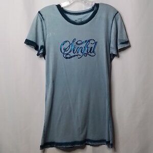 SINFUL BY AFFLICTION BLUE METALLIC DISTRESSED T-SHIRT SIZE L